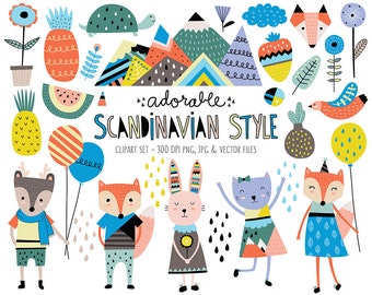 Cute Animals Clip Art Set - Scandinavian Style Clipart Design Elements - Unique Digital Clipart, Instant Download, Personal & Commercial Use