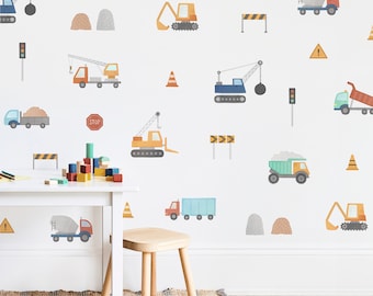 Construction Truck Wall Decals - Nursery Decor, Watercolor Wall Art, Kids Room Decal, Reusable and Removable Wall Stickers