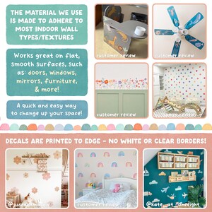 May include: A collage of images showcasing various wall decals. The decals include colorful polka dots, rainbows, flowers, and animal-themed designs. Text highlights the decals' ability to adhere to most indoor wall types and their ease of application.