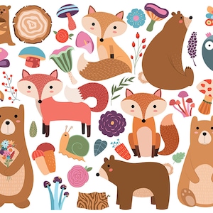 Woodland Animals and Floral Designs Clipart - Set of 38 Vector & PNG Files - Spring, Cute, Bright, Owls and Other Critters Clip Art
