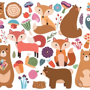Animaux des bois et des motifs floraux cliparts - lot de 38 Vector & PNG Files - printemps, mignon, lumineux, hiboux et autres bestioles Clip Art