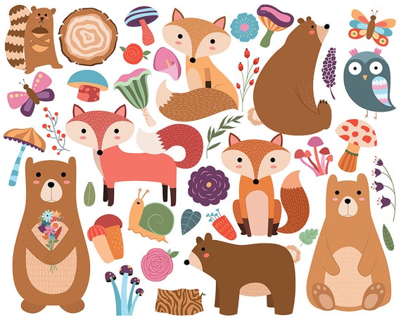 Gli Animali Del Bosco E Disegni Floreali Clipart Set Di Etsy