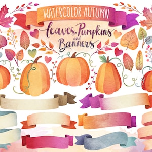 Autumn Clipart - Watercolor Clipart, Autumn Leaves, Pumpkins, and Banners - Fall Digital Clipart Set, Watercolor Clip Art