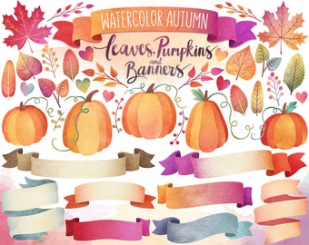 Autumn Clipart - Watercolor Clipart, Autumn Leaves, Pumpkins, and Banners - Fall Digital Clipart Set, Watercolor Clip Art