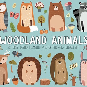 Woodland Clipart Set - forêt Forêt mignon animaux Vector Clip Art Bundle - 34 dessins adorables pour Woodland Nursery décor, cartes et plus encore !