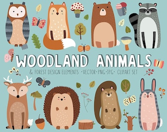 Woodland Clipart Set - Cute Woodland Forest Animals Vector Clip Art Bundle - 34 Adorable Designs for Woodland Nursery Decor, Cards and More!