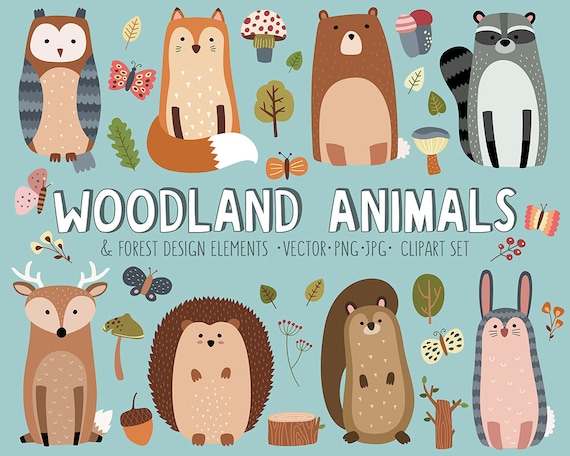 Woodland Clipart Set - Cute Woodland Forest Animals Vector Clip Art Bundle - 34 Adorable Designs for Woodland Nursery Decor, Cards and More!