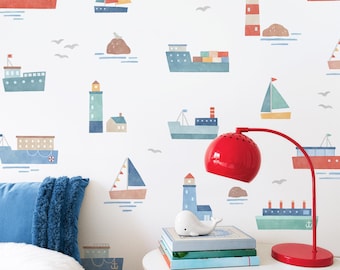Ship Wall Decals - Removable & Reusable Fabric Decals, Nautical Wall Decor, Ocean Decals, Boys Nursery Wall Art, Baby Boy Room Decor