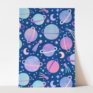 May include: A seamless pattern featuring pastel-colored planets with rings on a dark blue background. The planets are surrounded by stars and shooting stars.