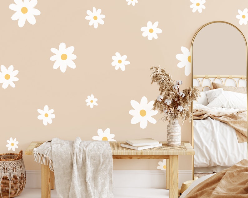 Daisy Wall Decals Boho Nursery Decor, Kids Room Wall Art, Removable Flower Wall Stickers image 1