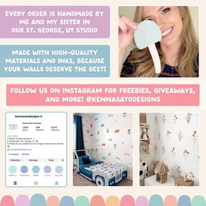 May include: A collage featuring wall decals, including a light blue mushroom shape, a room with vehicle-themed wall stickers, and a room with floral wall stickers. Text includes: EVERY ORDER IS HANDMADE BY ME AND MY SISTER IN OUR ST. GEORGE, UT STUDIO.