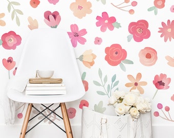 Flower Wall Decals - Nursery Decor, Watercolor Floral Wall Art, Kids Room Decal, Reusable and Removable Wall Stickers