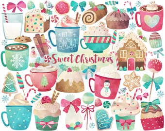 水彩クリスマス クリップアート - クリスマス クリップアート、水彩クリップアート、クリスマスのお菓子とおやつデジタル クリップアート、ユニークなホリデー プリンタブル