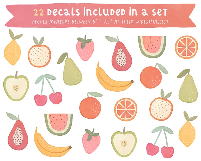 Fruit Wall Decals Nursery Decor, Watercolor Fruit Wall Art, Kids Wall Decal, Reusable and Removable Wall Stickers image 2
