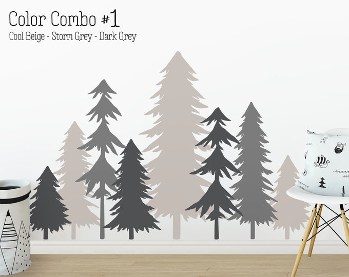 Pine Tree Forest Wall Decals - 3 Color Tree Decals, Forest Mural, Large Wall Decals, Children's Forest Decal, Kids Room Decor, Nursery Decor