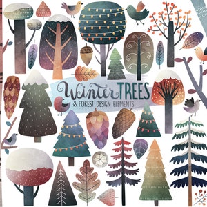 Imágenes Prediseñadas de invierno de acuarela, Imágenes prediseñadas de árboles de invierno, Imágenes prediseñadas de acuarela, Imágenes prediseñadas de invierno, Imágenes prediseñadas de bosque, Imágenes prediseñadas digitales, Imprimibles de invierno
