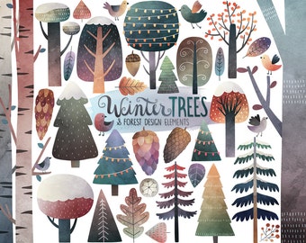 Watercolor Winter Clipart - Winter Trees Clipart, Watercolor Clipart, Winter Clipart, Woodland Clipart, Digital Clip Art, Winter Printables