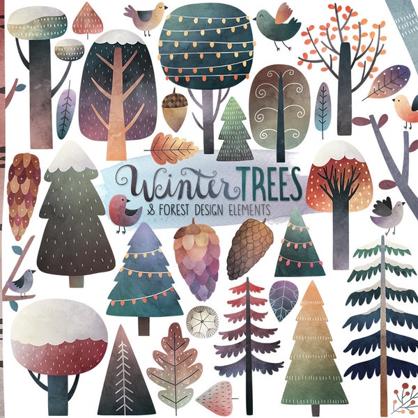 Watercolor Winter Clipart - Winter Trees Clipart, Watercolor Clipart, Winter Clipart, Woodland Clipart, Digital Clip Art, Winter Printables