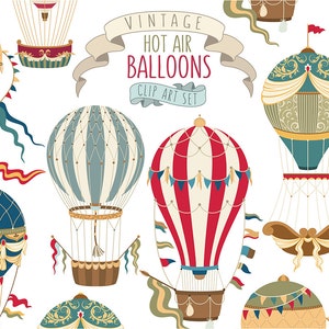 Vintage hete lucht ballon Clipart - unieke Vector, PNG en JPG Clip Art Set - Retro Clipart, hete lucht ballonnen Print, prachtig gedetailleerd!