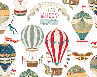 Vintage Hot Air Balloon Clipart - Unique Vector, PNG, & JPG Clip Art Set - Retro Clipart, Hot Air Balloons Print, Beautifully Detailed!