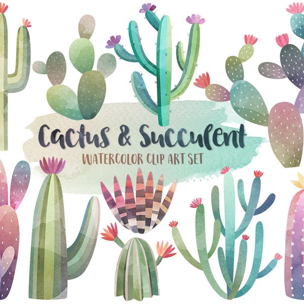 Watercolor Cactus Clipart - Watercolor Clipart, Cactus Clipart, Succulent Clip Art, Digital Watercolor Printables, Summer Clipart