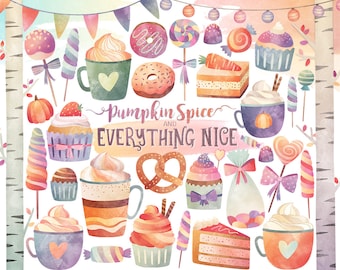 Watercolor Clipart - Sweets & Treats Autumn Themed Clipart, Fall Clipart, Autumn Clipart, Holiday Clipart, Candy Digital Clipart Download