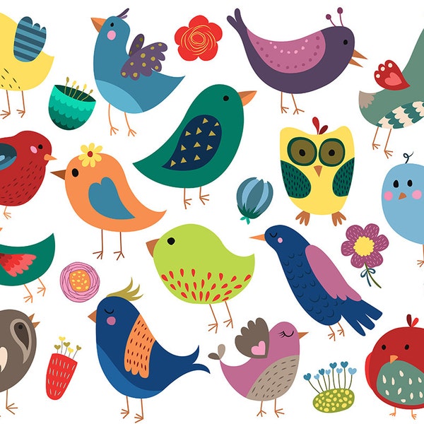 Vintage Birds and Flowers, Cute, Summertime Clipart- Set of 25 300 DPI JPG, PNG, and Vector Files