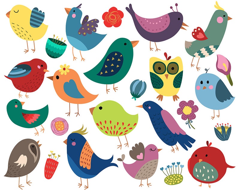 May include: A collection of colorful cartoon birds with various patterns and designs. The birds are in different poses, some are flying, some are perched, and some are singing. There are also some flowers and other floral elements in the image.