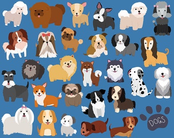 Dog and Puppy Clipart Set - 29 Hand Drawn Vector & PNG Files 300 DPI - Cute, Unique, Hand Drawn Dogs and Puppies Design Elements Clip Art