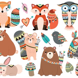 Tribal animaux Clipart - 300 DPI vecteur, PNG & fichiers JPG - forêt mignon écureuil, renard, Hibou, tribu Clip Art