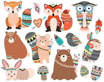 森の部族の動物のクリップアート - 300 DPI ベクター、PNG および JPG ファイル - かわいい森の動物、キツネ、フクロウ、部族のクリップアート