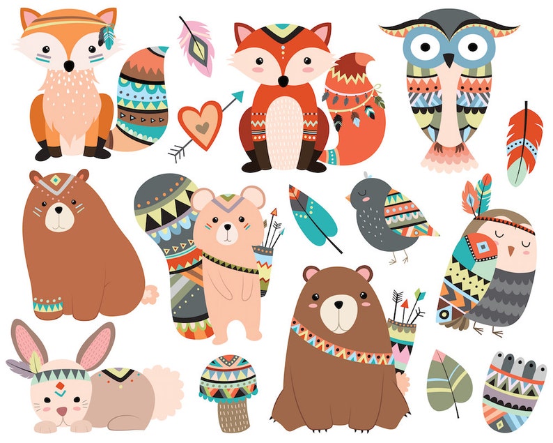 Woodland Tribal Animals Clipart 300 DPI Vector, PNG & JPG Files Cute Forest Animals, Fox, Owl, Tribe Clip Art image 1
