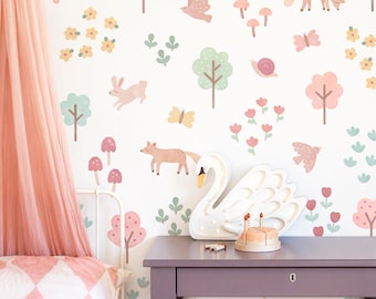 Woodland Animal Wall Decals - Removable, Reusable Wall Stickers - Girl Nursery Decor, Flower Decals, Forest Kids Room