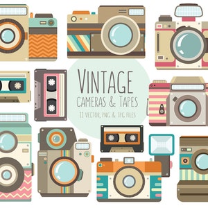 Vintage Camera Clipart - 11 Vector, PNG, & JPG 300 DPI Files - Unique Retro Cassette Tape Clip Art, Photography Design Elements