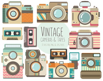 Vintage Camera Clipart - 11 Vector, PNG, & JPG 300 DPI Files - Unique Retro Cassette Tape Clip Art, Photography Design Elements