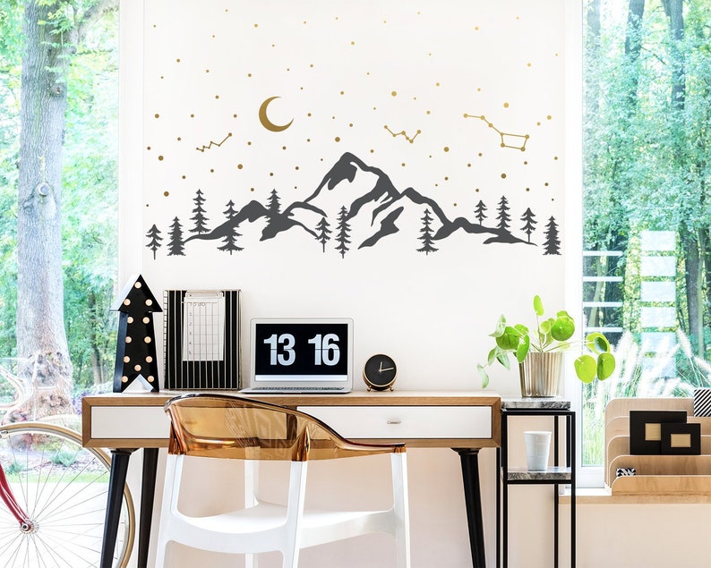 Mountains and Night Sky Decal - Moon Stars Decal, Mountains Decal ...