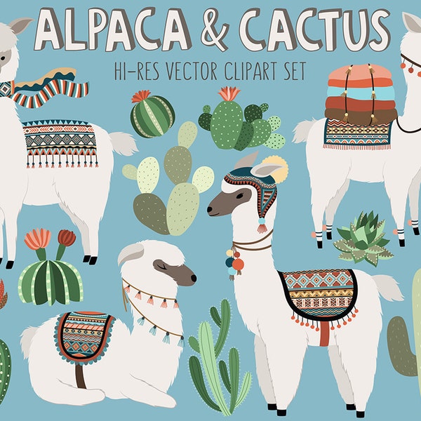 Cactus and Llama Clipart - Adorable Alpaca and Desert Vector Clip Art Set - Digital Design Elements with Unique Tribal Patterns
