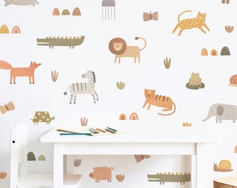 Animal Wall Decals - Kids Room Decal, Jungle Animal Nursery Decor, Reusable and Removable Wall Stickers