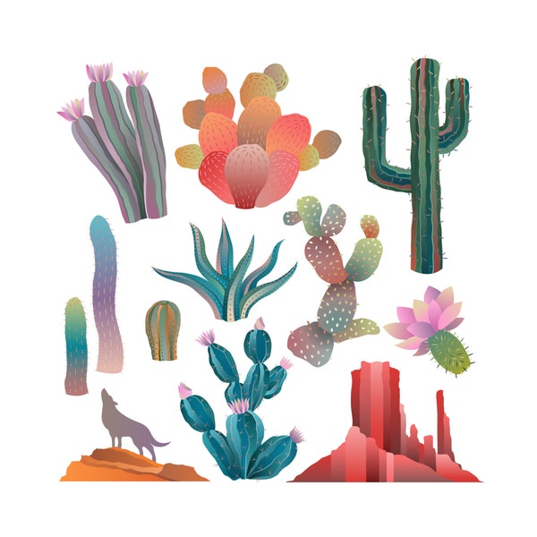 Colorful Desert Landscape and Cactus Clip Art- Set of 12 300 DPI Vector, PNG, and JPG Files