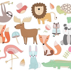 Animales lindos Clipart - 19 archivos vectoriales, PNG y JPG - doodles únicos, dibujados a mano, adorables niños Clip Art Set