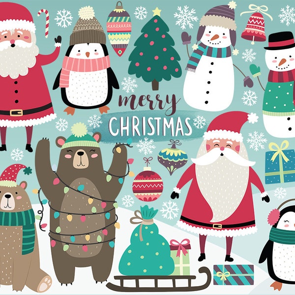 Kerst Clipart - vakantie Clipart, schattige Christmas Clip Art, digitale Clipart, Kerstmis Printables, Santa, pinguïns, sneeuwpop, kerst DIY