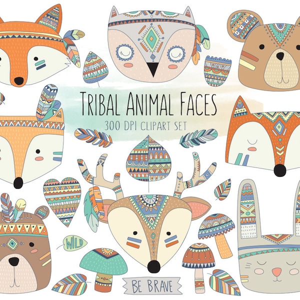 Tribal Animal Faces Clipart - Cute Clip Art, Woodland Clipart, Tribal Clipart, Animal Clipart, Cute Animals, Nursery Print