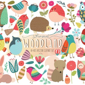 Woodland Clipart - Cute Forest Animal Clip Art - Set of 40 Vector, PNG, & JPG Designs - Summer Clip Art, Floral Clipart