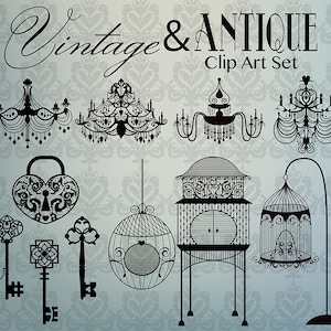 Hand Drawn Vintage/Antique Clip Art - Set of 11 300 DPI JPG, PNG and Vector Files + Background Pattern