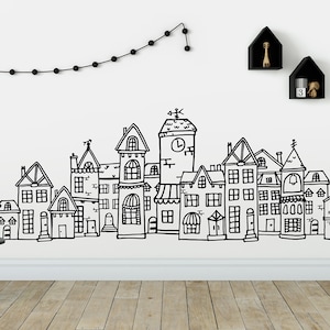 Scandinavian Style Cute Village Wall Decal - Hand Drawn Town Decal, City Decal, Scandi Nursery, Scandinavian Nursery Decal, Nordic Nursery