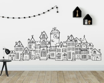 Scandinavian Style Cute Village Wall Decal - Hand Drawn Town Decal, City Decal, Scandi Nursery, Scandinavian Nursery Decal, Nordic Nursery
