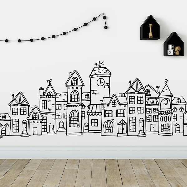 Sticker mural village mignon de style scandinave - sticker ville dessiné main, sticker ville, chambre de bébé scandinave, sticker pour chambre de bébé scandinave, chambre de bébé nordique