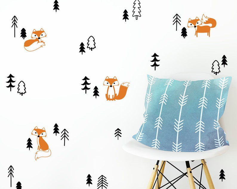 Cute Foxes in the Forest Wall Decal Set Fox Decals, Forest Decals, Pine Tree Decals, Woodland Nursery Decals, Foxes Decals, Gift for Her image 1