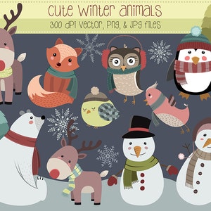 Cute Winter Animals and Design Elements Clip Art - Set of 15 300 DPI Vector, PNG, and JPG Files - Hand Drawn Unique Clipart Digital Download