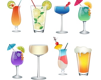 Cocktail, Summer Drinks Clip Art- Set of 8 Colorful PNG, JPG, and Vector Files